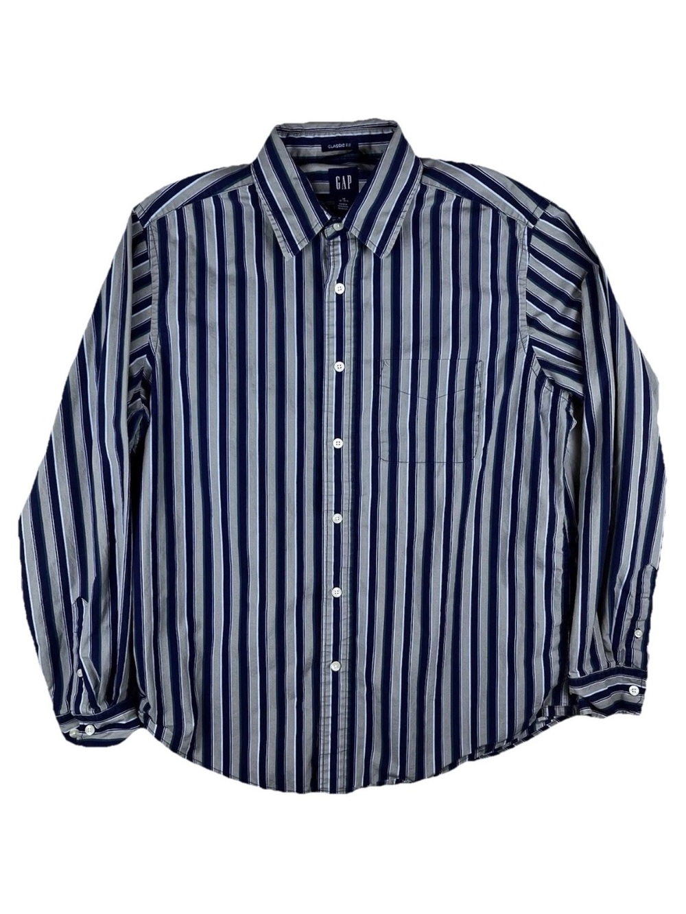 Vintage Gap Medium 15-15.5 Blue Beige Stripe Pocket Casual Button Down Shirt Y2K